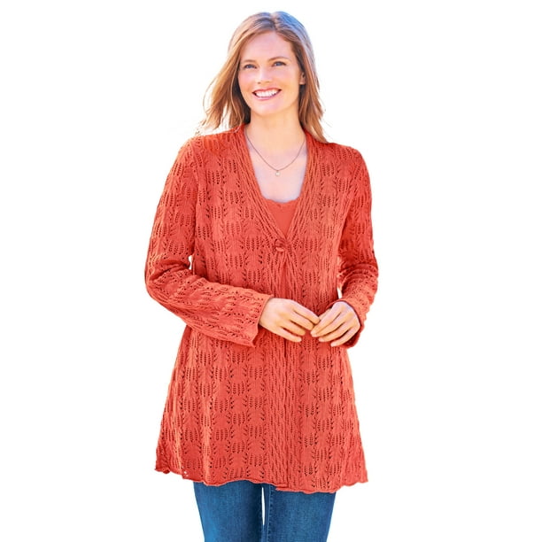 Woman Within Womens Plus Size Single Button Pointelle Cardigan